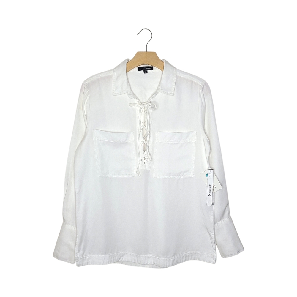 NWT AQUA Bloomingdales White 100% Tencel Lace-Up Long Sleeve Blouse Top